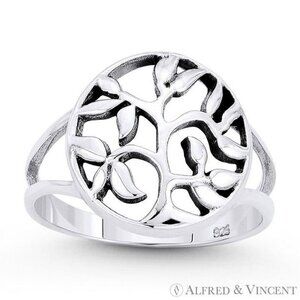 Tree w/ Filigree Vine & Leaf Circle Charm Ring in .925 Sterling Silver - Size 8